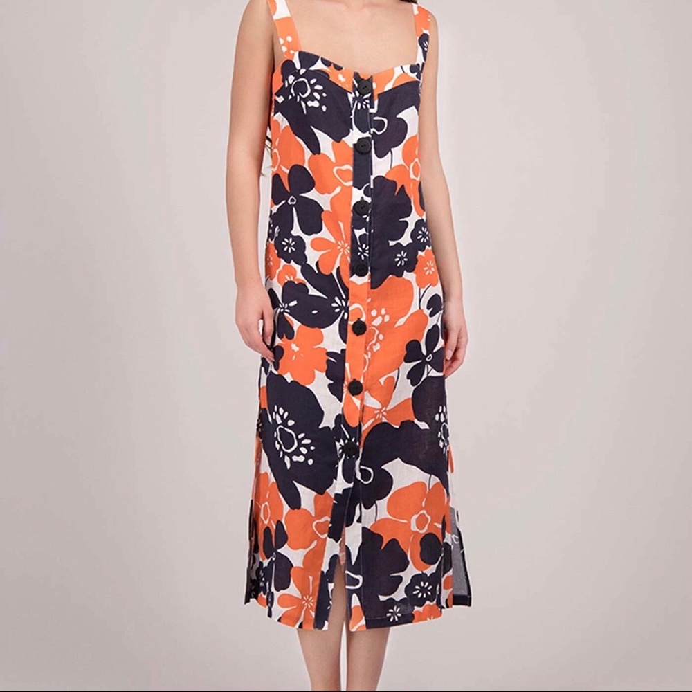 NEW Cala de la Cruz Tamara Floral Linen Midi Dress Colombia Luxury Resort Wear
